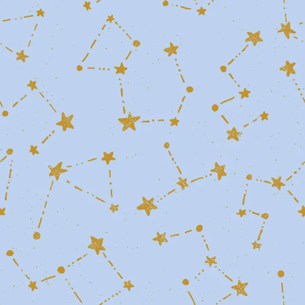 Ручной рисунок созвездий каракулей на голубом фоне вектора бесшовный узор. Милые звёзды — стоковый вектор