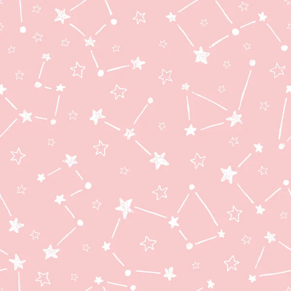 Ручной рисунок созвездия каракули на розовом фоне вектор бесшовный узор. Милые звёзды — стоковый вектор