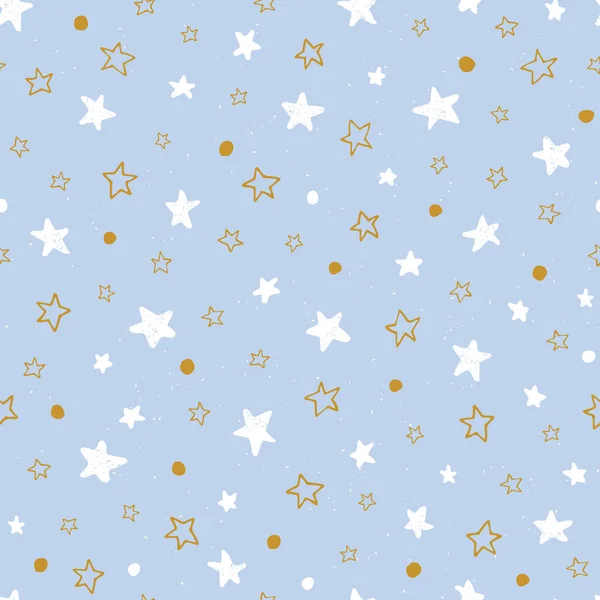 Ручной рисунок каракули звезд на голубом фоне вектора бесшовный узор. Симпатичный отпечаток ребенка — стоковый вектор