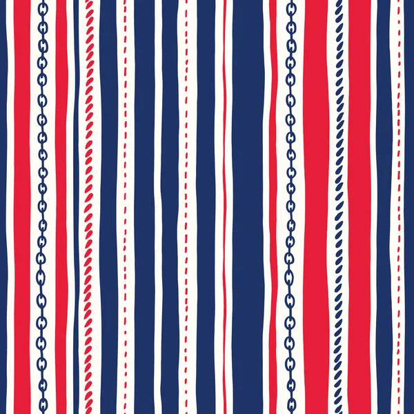 Cuerda dibujada a mano y cadenas rayas verticales desiguales Vector patrón sin costura. Fondo marino rojo blanco y azul — Vector de stock
