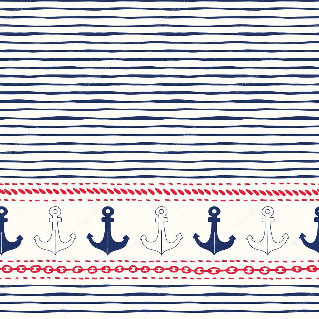 Hand-Drawn Horizontal Border with Ropes, Chains and Anchors Vector Seamless Pattern. Red, White, Blue Marine Background