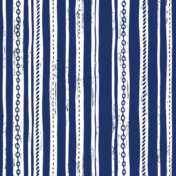 Kézzel rajzolt kötél és láncok egyenetlen függőleges csíkok csíkok vektoros Seamless Pattern. Fekete-fehér, kék, Marine háttér — Stock Vector