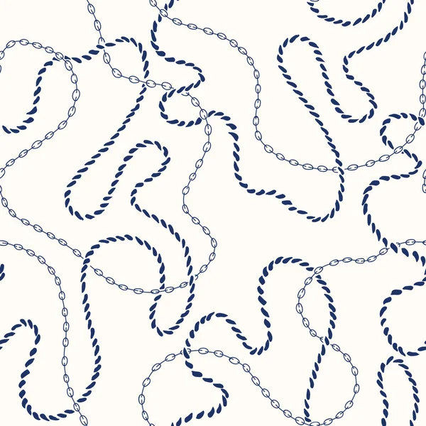 Corde nautique entrelacée dessinée à la main, motif sans couture vectoriel de chaînes. Monochrome bleu fond marin — Image vectorielle