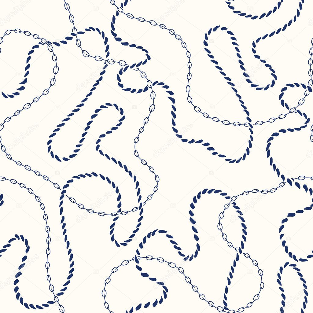 Hand-Drawn Intertwining Nautical Rope, Chains Vector Seamless Pattern. Monochrome Blue Marine Background