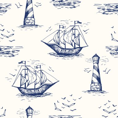 Vintage Hand-Drawn Nautical Toile De Jouy Vector Seamless Pattern with Lighthouse, Seagulls, Seaside Scenery and Ships clipart