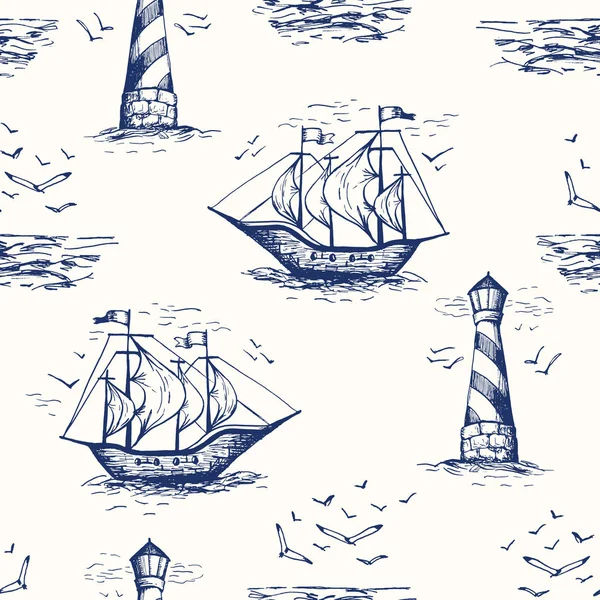 Vintage desenate manual Nautical Toile De Jouy Vector model fără sudură cu far, pescăruși, peisaje de pe malul mării și nave — Vector de stoc