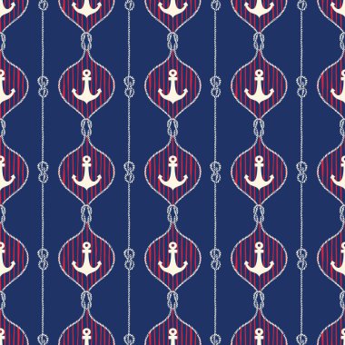 Retro tarzı deniz çizilmiş ip Ogee vektör Seamless Modeli çapa, çizgileri, Zeppelin Bend ve resif düğüm.