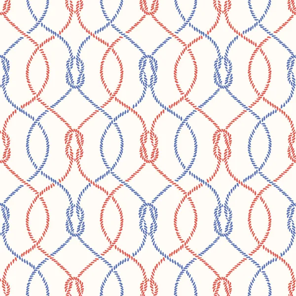 Retro Style Nautical Hand-Drawn Rope Intertwined Ogee Vector Seamless Pattern with Reef Knots. Marine Background Texture — Stock Vector