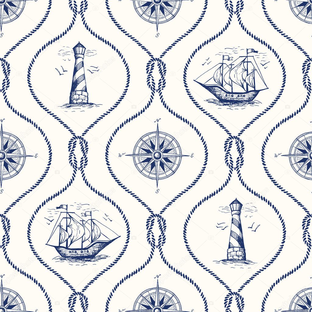 Vintage Hand-Drawn Rope Ogee Vector Seamless Pattern with Lighthouse, Sea Compass, Ship and Nautical Reef Knot.
