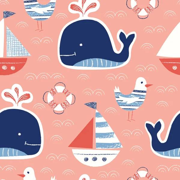 気まぐれなかわいい手描きクレヨン、クジラ、船、シーガル、救命浮輪ベクターのシームレスなパターン。航海の海の生き物 — ストックベクタ