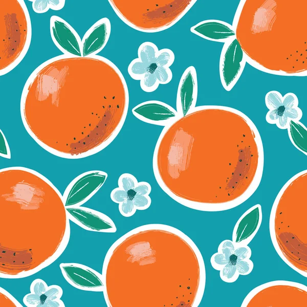 Handmålad färgglad abstrakt apelsiner, blommor och blad på blå bakgrund. Sommaren frukter vektor sömlösa mönster — Stock vektor