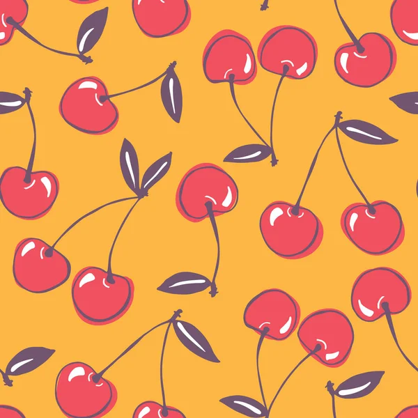 Caprichoso dibujado a mano doodle cerezas vector sin costura patrón de fondo. Coloridas frutas de verano — Archivo Imágenes Vectoriales