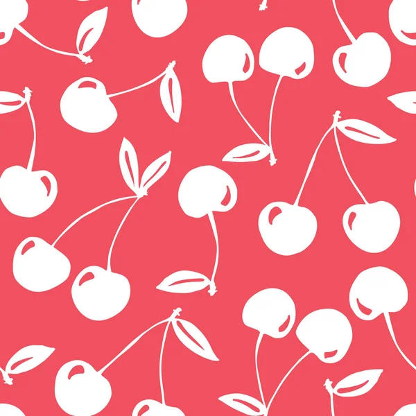 Caprichoso dibujado a mano garabatos cerezas siluetas vector sin costuras patrón de fondo. Frutas de verano monocromáticas — Archivo Imágenes Vectoriales