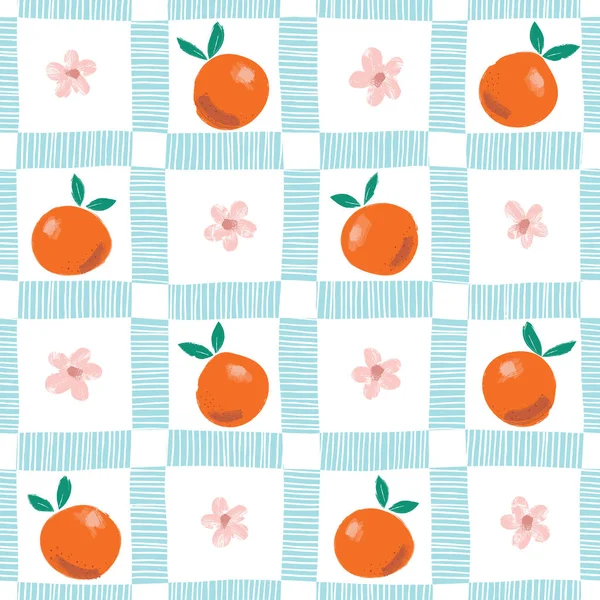 Handmålad färgglad abstrakt apelsiner, blommor och blad på rutig bakgrund. Sommaren frukter vektor sömlösa mönster — Stock vektor