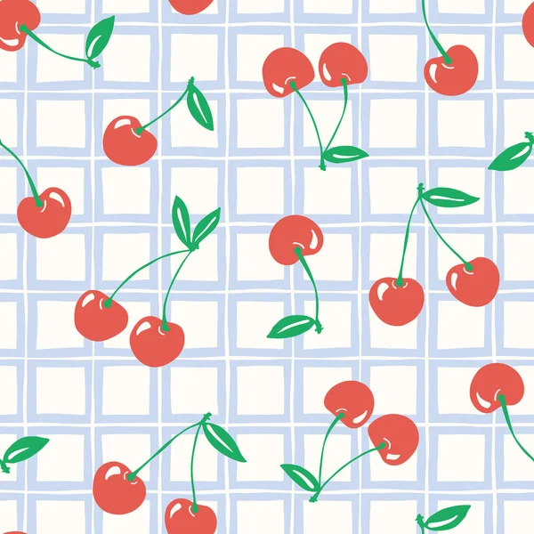 Nyckfull handritade doodle körsbär och pläd vektor sömlös bakgrund. Klassiska sommar frukt Print — Stock vektor