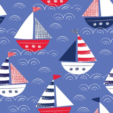 Kaprisli deniz vektör Seamless Modeli gemilerle boya kalemi ile çizilmiş. Sevimli deniz deniz arka plan