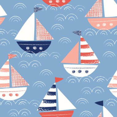Kaprisli deniz vektör Seamless Modeli gemilerle boya kalemi ile çizilmiş. Sevimli deniz deniz arka plan