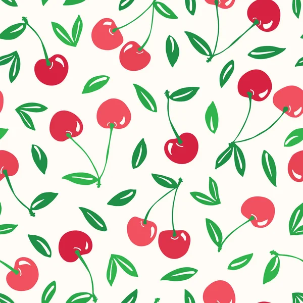 Whimsical desenhado à mão vermelho cerejas vetor sem costura fundo padrão. Frutas coloridas de verão — Vetor de Stock