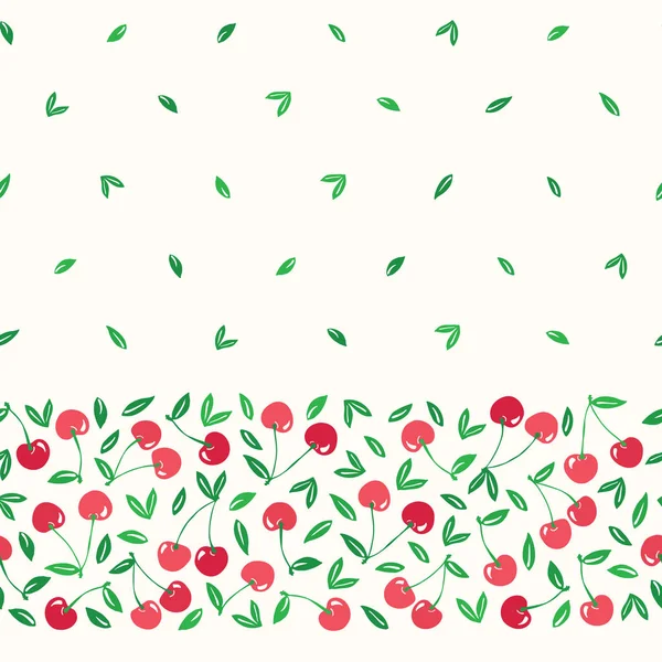 Caprichoso dibujado a mano cerezas rojas vector sin costuras borde horizontal patrón de fondo. Coloridas frutas de verano — Archivo Imágenes Vectoriales