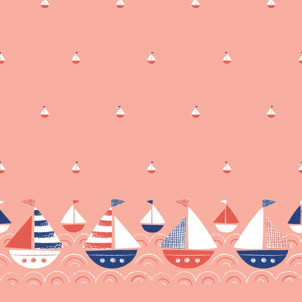 Caprichoso dibujado a mano con crayones Naves en el mar Vector Seamless Border and Pattern. Lindo fondo marino náutico — Archivo Imágenes Vectoriales