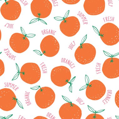 Whimsical colorful hand-drawn doodle oranges and words vector seamless pattern background. Colorful Summer Fruits clipart
