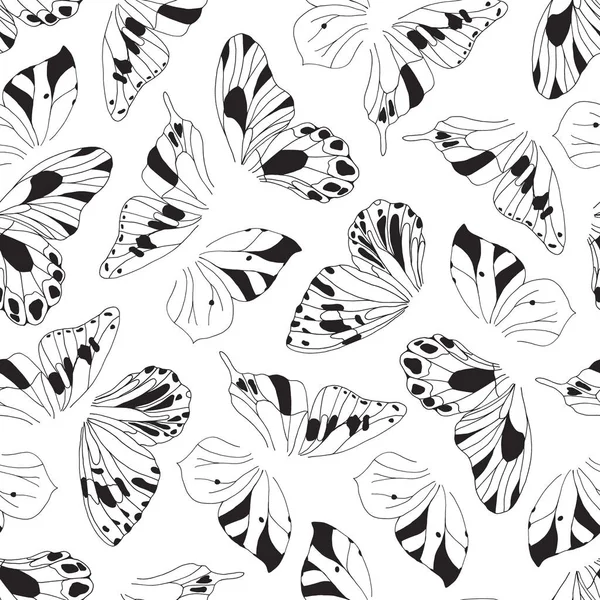 Alas de mariposa gráfica dibujada a mano artística vector patrón sin costura. Textura de fondo en blanco y negro — Archivo Imágenes Vectoriales