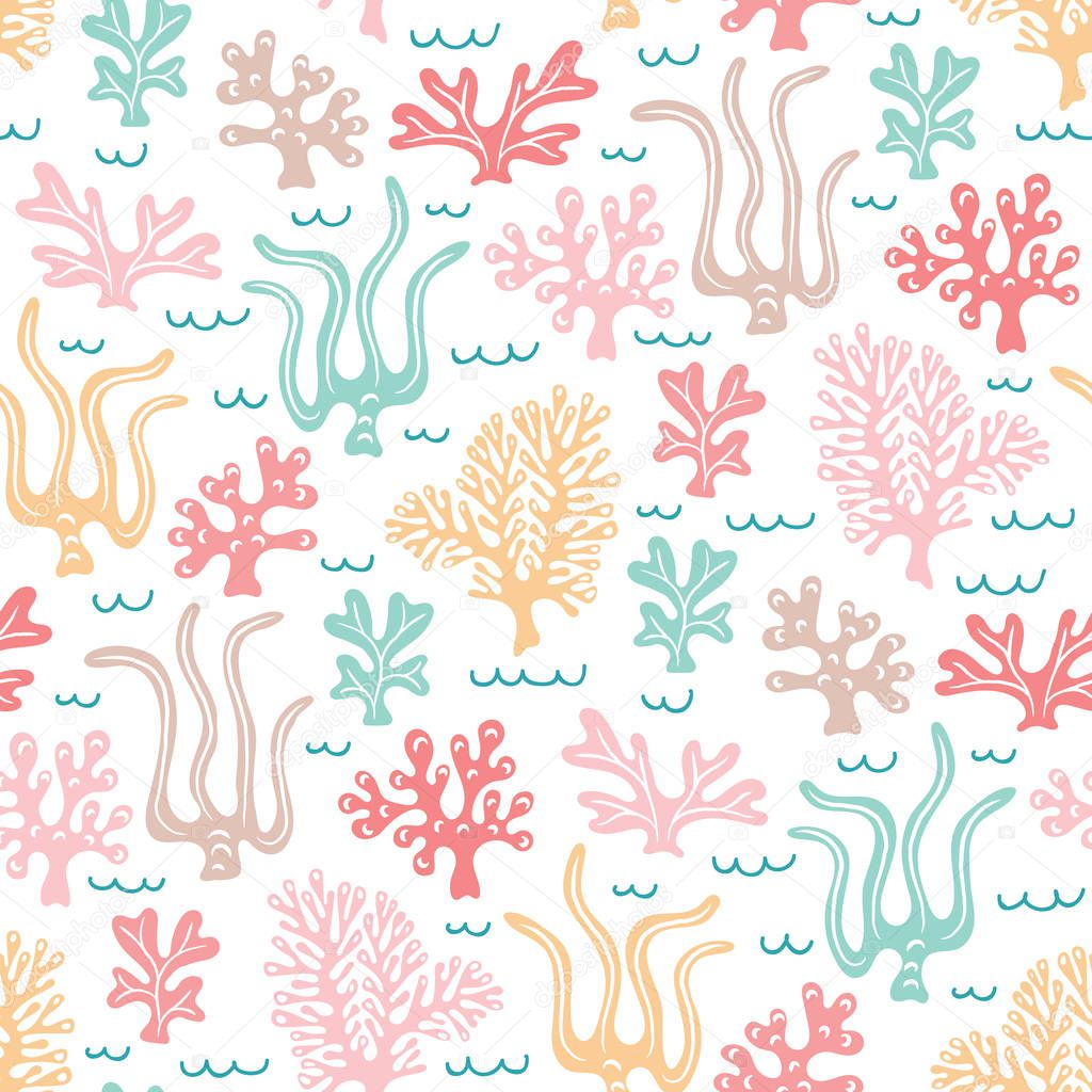 Whimsical Cute Hand-Drawn Sea Life, Corals, Seaweed, Algae Vector Seamless Pattern. Pastel Kids Ocean Background