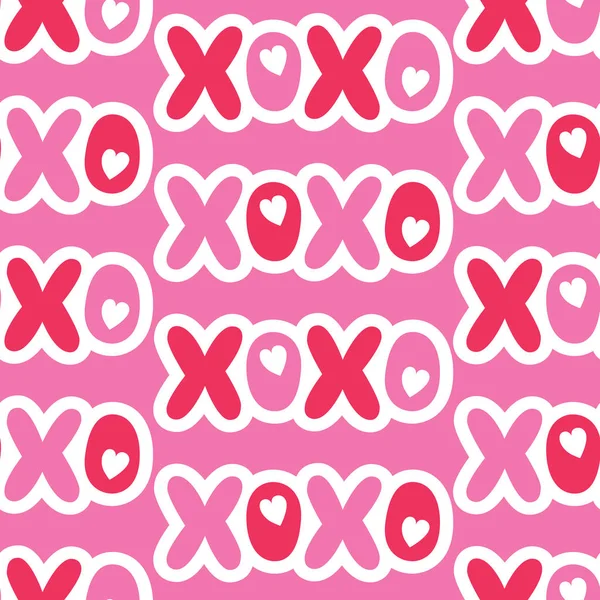 Flat Cartoonish Valentines Day Typography vector seamless pattern. Patch Hearts and Words. Love. XOXO — Stock Vector