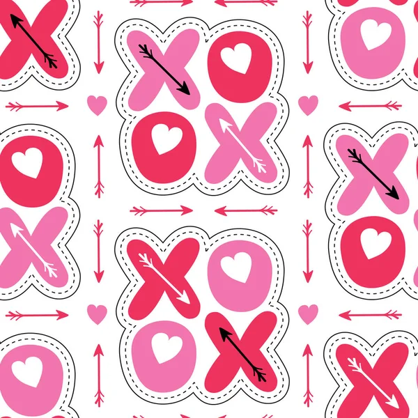 Flat XOXO Valentines Day Tipografi vektor pola mulus. Patch Hearts and Arrows. Cinta. XOXO. Pelukan dan ciuman - Stok Vektor