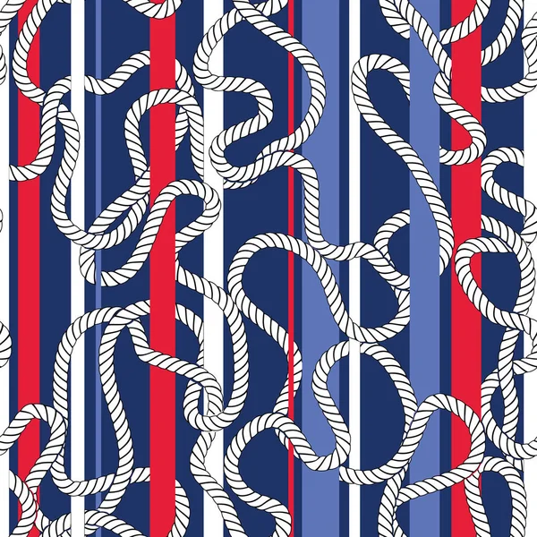 Cordes blanches nautiques entrelacées et rayures motif sans couture vectoriel. Fond marin rouge et bleu — Image vectorielle