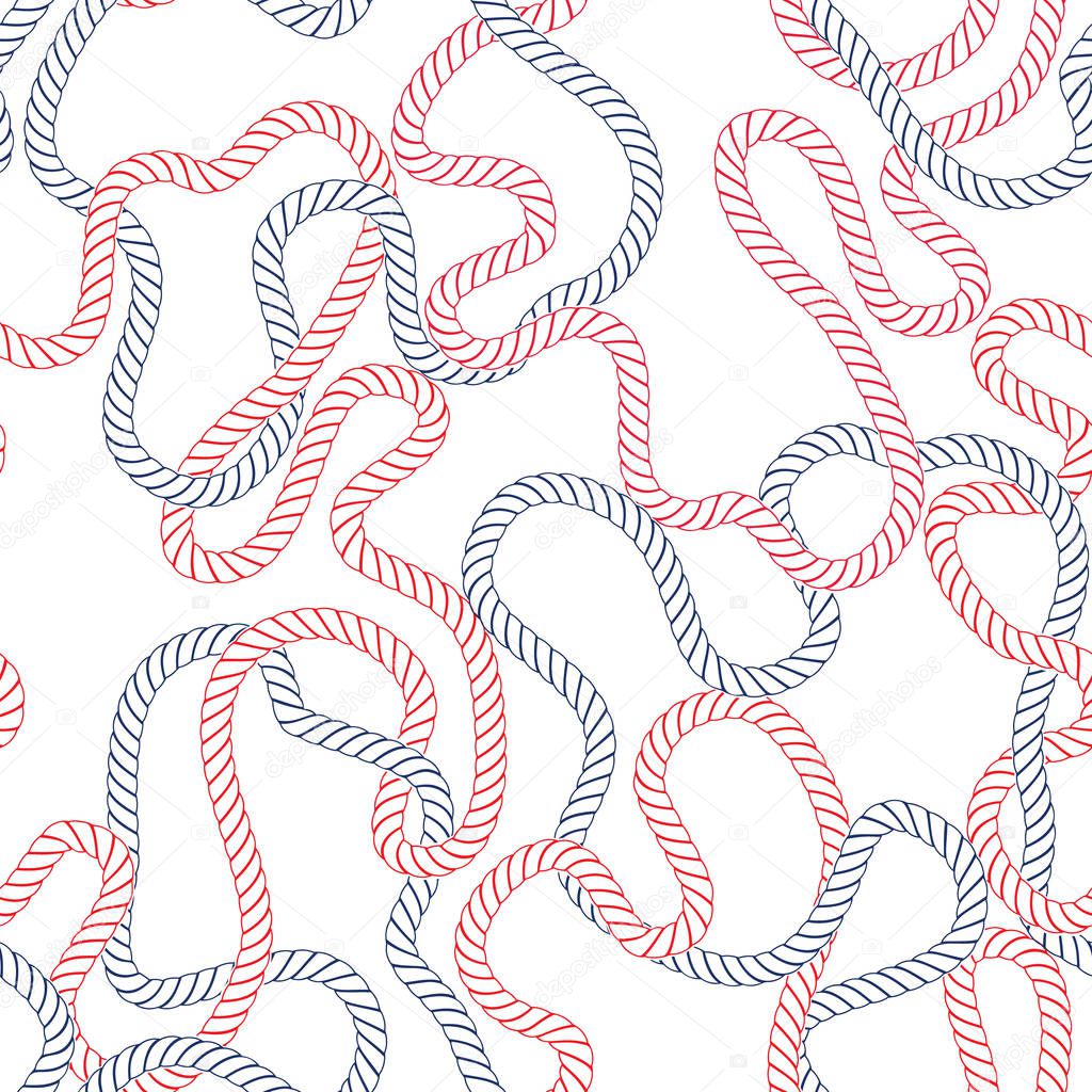 Intertwining Nautical Blue Outlined Ropes on White Background Vector Seamless Pattern. Blue, Red Marine Background