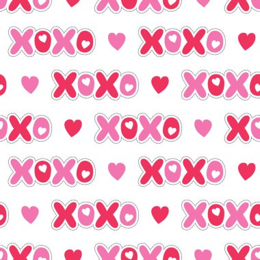 Flat XOXO Valentines Day Typography vector seamless pattern. Stripes Patch Hearts. Love. XOXO. Hugs and Kisses clipart