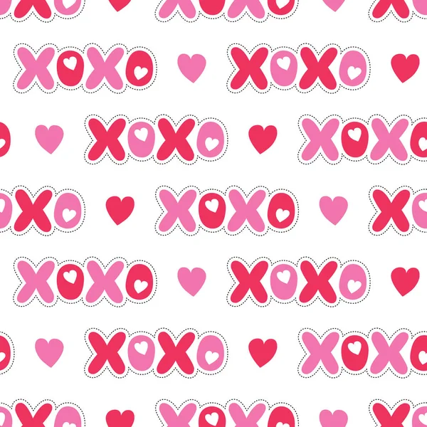 Plano XOXO Dia dos Namorados Tipografia padrão vetor sem costura. Stripes Patch Hearts. Com amor. XOXO. Abraços e beijos —  Vetores de Stock