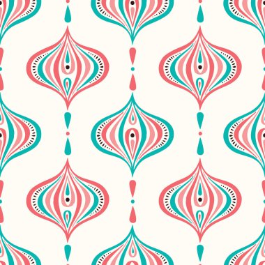 Klasik Renkli Handdrawn Ogee Vektör Dikişsiz Desen. Retro Mavi ve Pembe Zarif Geleneksel Arka Plan