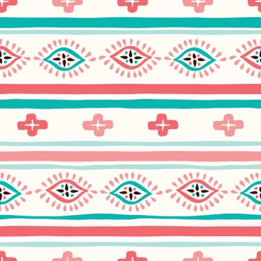 Renkli El Çizilmiş Dalgalı Düzensiz Yatay Çizgili, Elmas ve Çapraz Vektör Dikişsiz Desen. Kabile Soyut Geo