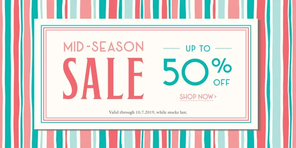 Horizontal Mid-Season Sale Banner with Colorful Hand Drawn Vertical Stripes. Classy Summer Abstract Social, Printed Ad — Stock Vector