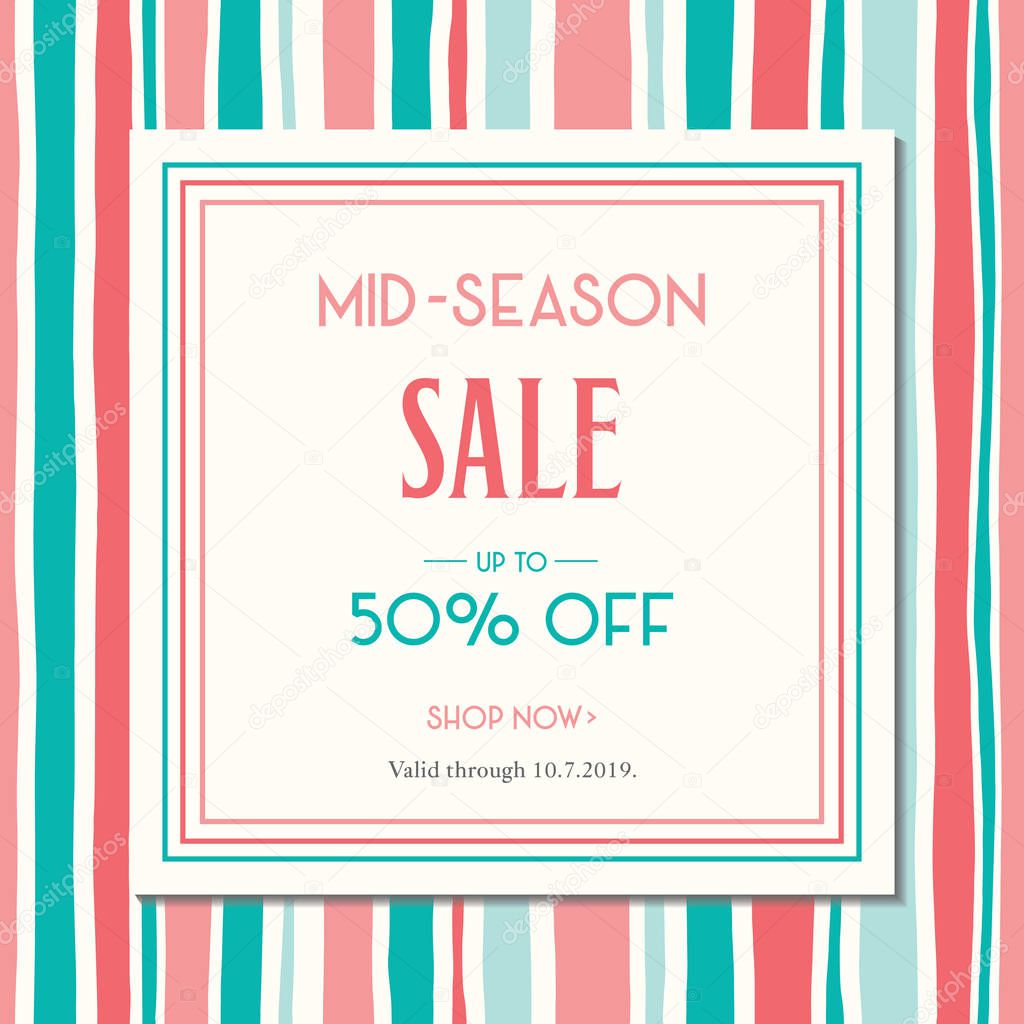 Square Mid-Season Sale Banner with Colorful Hand Drawn Vertical Stripes. Classy Summer Abstract Social, Printed Media Ad