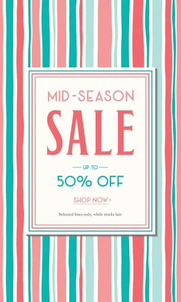 Vertical Mid-Season Sale Banner with Colorful Hand Drawn Vertical Stripes. Classy Summer Abstract Social, Printed Ad — Stock Vector