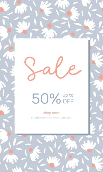 Pastel Colored Hand Drawn Feminine Floral Sale Vertical Rectangular Banner. Spring-Summer Promotional Social Media Ads — Stock Vector