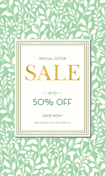 Green Spring Summer Foliage Silhouettes Sale Promotion Vertical Banner. Social Media Ads Graphics. Abstract Floral Print — Stock Vector