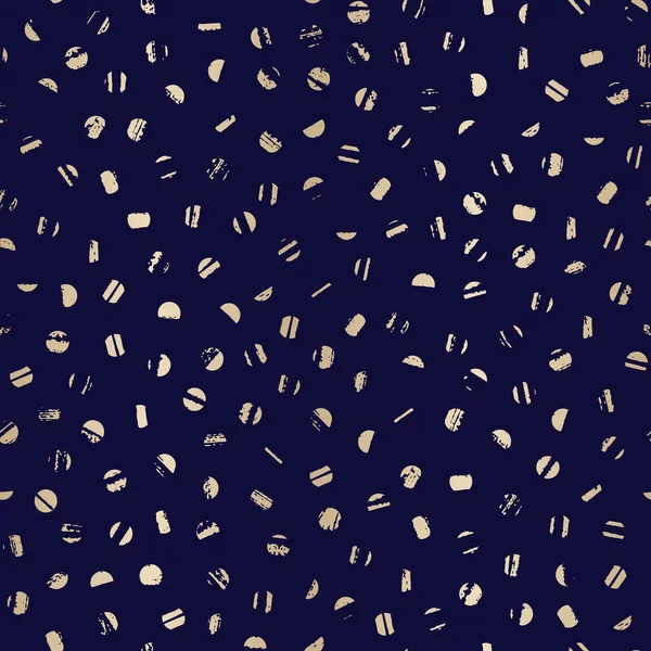 Festive Hand-drawn Gold Textured Polka Dots Vector Seamless Pattern on Dark Blue Background. Whimsical Ditsy Texture — Stock Vector