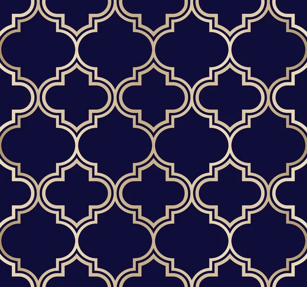 Elegante clássico dourado colorido moroccan treliça vetor sem costura padrão no fundo azul escuro . — Vetor de Stock