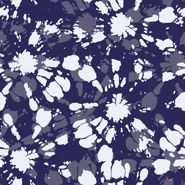 Elegant Bright Monochrome Tie-Dye Shibori Sunburst Circles on Indigo Background Vector Seamless Pattern — Stock Vector