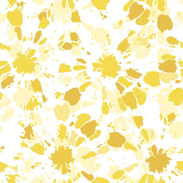 Leuchtend gelbe, monochrom gefärbte Shibori Sunburst Kreise auf weißem Hintergrund Vektor nahtloses Muster — Stockvektor