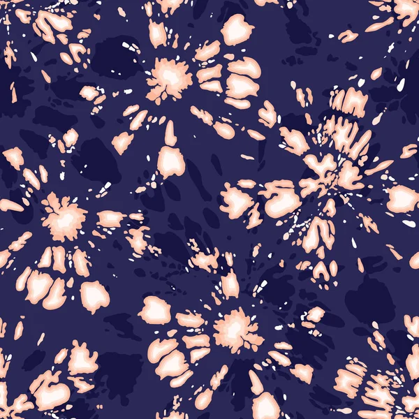 Boho Coral Tie-Dye Shibori Sunburst Circles on Indigo Background Vector Seamless Pattern — Stock Vector