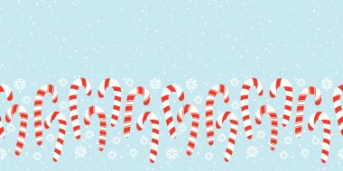 Düz Kırmızı ve Beyaz Tatil Noel ve Yeni Yıl Şeker Kamışı ve Kar Taneleri Yatay Vektör Dikişsiz Sınır