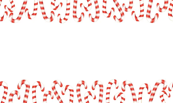 Piros és fehér ünnep karácsony és újév cukorka vesszők vízszintes tető alja vektor varrás nélküli határ — Stock Vector
