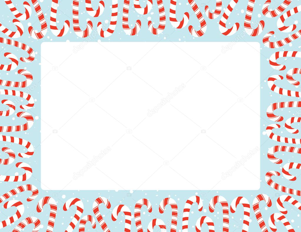 Red and White Holiday Christmas and New Year Flat Candy Canes and Snowfall Square Rectangular Vector Frame