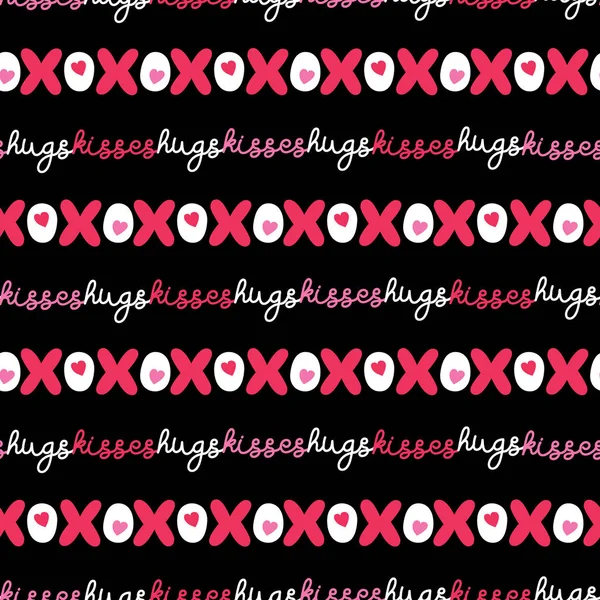 Flat XOXO Valentines Day Typography vector seamless pattern. Stripes Hearts and Words. Love. XOXO. Hugs and Kisses — Stock Vector