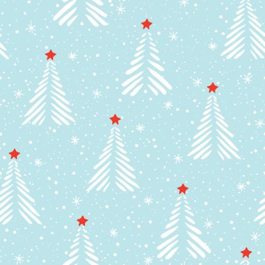 El çizilmiş linocut soyut Noel ağaçları, kar, yıldız vektör Dikişsiz desen arka plan. Kış tatili Iskandinav